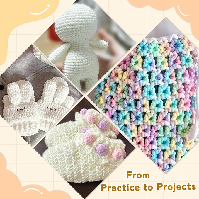 Reessy Crochet Yarn Kit for Beginners – 4 Yarns Sampler Pack (Acrylic, Cotton, Velvet Chenille, Beginner Yarn) with Hooks & Accessories – All-in-One Crochet Starter Kit for Beginners Adults (C)