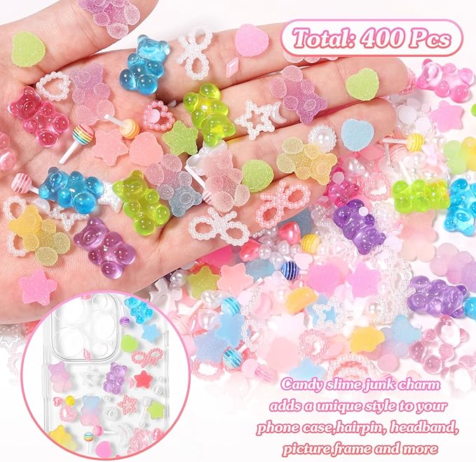 400 Pcs Candy Junk Case Charms Kit, Color Gummy Bear Lollipop Star Heart Charms for Junk Cases, Pink White Bow Moon Hearts Pearls Phone Case Charms, Assorted Slime Charms for DIY Crafts