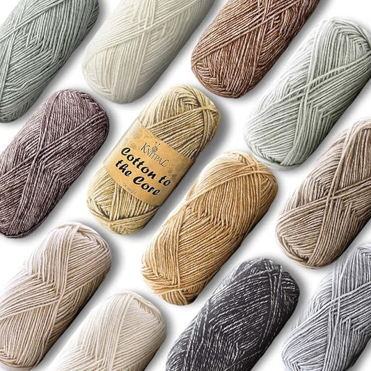 Cotton to The Core Cotton Yarn for Crocheting, 12-Pack (1704 Yds / 600G), Free Patterns, Beginners Friendly - Soft Baby Yarn for Knitting - 3 DK Light Worsted Weight - Neutral Pack