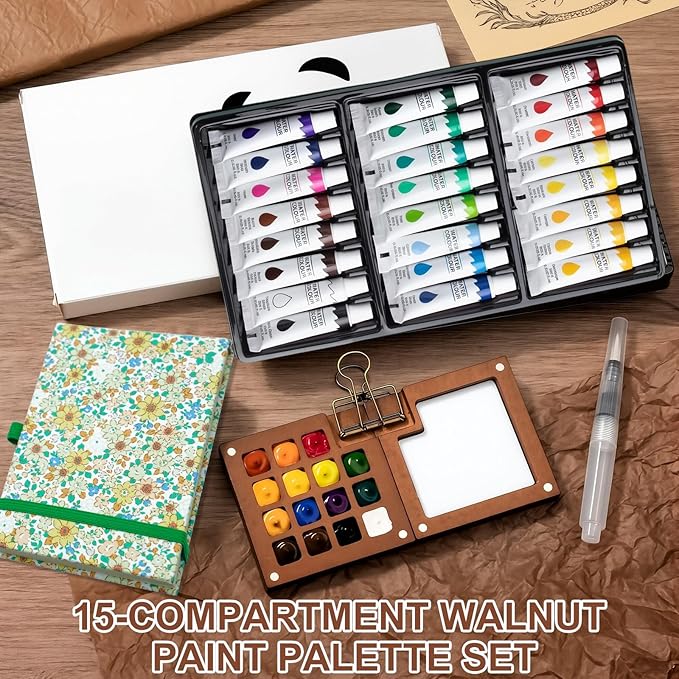 Mini Watercolor Paint Set, Pocket Watercolor Set with 24 Colors Paint, Portable Watercolor Travel Kit for Artists, Beginners & Outdoor Painting, Compact Wooden Palette & Sketchbook in Storage Bag