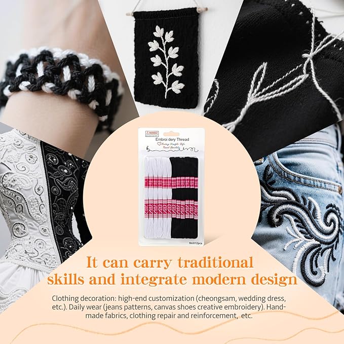Embroidery Floss,12 Skeins Black and White Embroidery Thread,Friendship Bracelet String for DIY Making,Embroidery Crafts