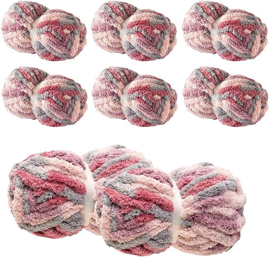 Chunky Yarn for Hand Knitting & Crocheting – Mixed Color Soft, Bulky Jumbo Yarn for Blankets, Scarves, DIY Projects, 8-Pack (Gray, Pink, Purple)