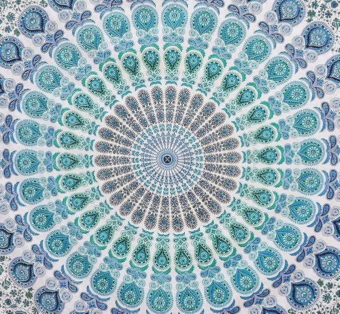 bless international handmade indian hippie bohemian psychedelic peacock mandala wall hanging college dorm beach throws table cloth bedding tapestry (peacock sky blue, king(88x104inches)(225x265cms))