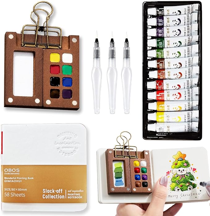 Mini Watercolor Paint Set Portable, Travel Grid Paint Palette Box with Binder Clips Include 12 Colours, Brush*3 and Picture Album Art Materials Coloring Markers for Travel, Creative Drawing Kit for Beginners and Art Enthusiasts