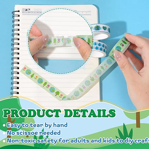 Earth Day Washi Tape - 12 Rolls Eco-Friendly Tree Raindrop Rainbow Scrapbook Washi Masking Decorative DIY Crafts Tape Set School Office Teacher Scrapbooking Junk Journal Journaling Supplies