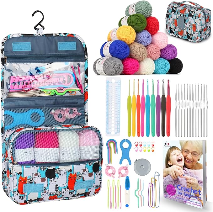 aeelike crochet kit with bag for travel, easy learn to crochet kit for beginners all age,69pcs crochet starter kit include crocheting instruction, 21pcs crochet hooks,15pcs yarn and storage bag
