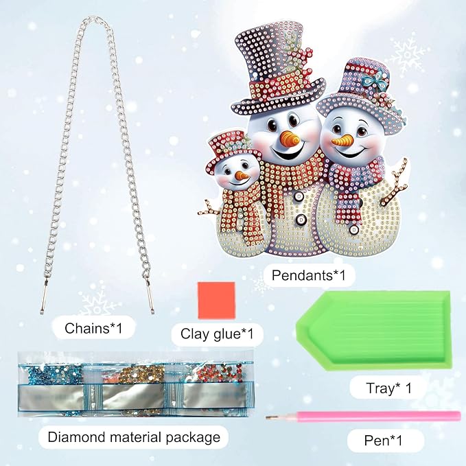 AiYuanzsh Christmas 5D Diamond Painting Ornament, Christmas Snowman Diamond Art Kits Hanging Pendant with Chain for Christmas Home Wall Window Decor, Adults DIY Art Craft