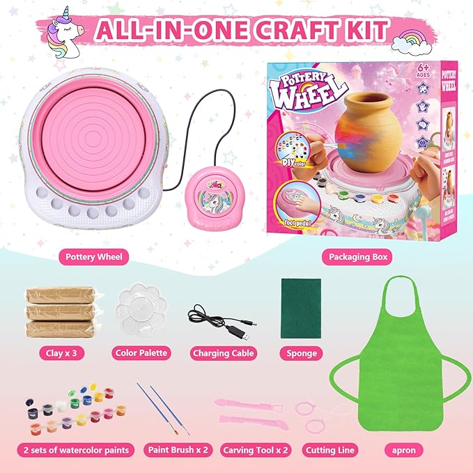 Pottery Wheel for Kids, Arts & Crafts Pottery Painting Toys Kit for Kids Ages 8-12, Unicorn Art Supplies with 3 Pack Air Dry Clay and Tools, Birthday Easter Gift for Girls Boys 6 7 8 9 10 11 12