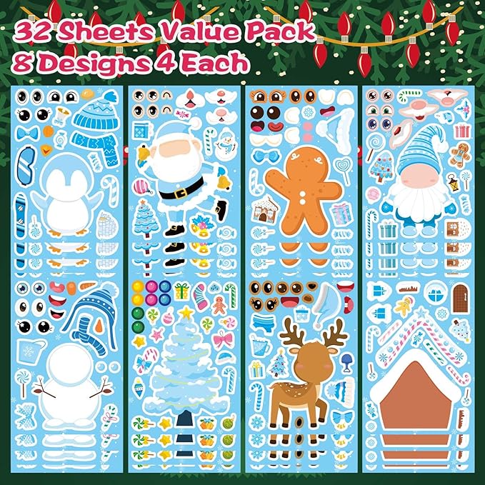 32 sheets make your own christmas stickers, winter stickers for kids, make a face sticker, winter holiday gif, xmas party favor supplies christmas stocking stuffer gifts