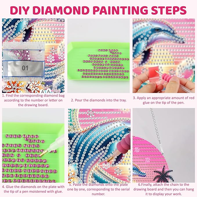 MEIYUDA Dolphins Diamond Art Hanging Kits for Adult, Ocean Dolphins Diamond Painting Hanging Kits Ornaments, DIY Special Shaped Rhinestone Window Pendants Kit for Home Garden Wall Decor Gift
