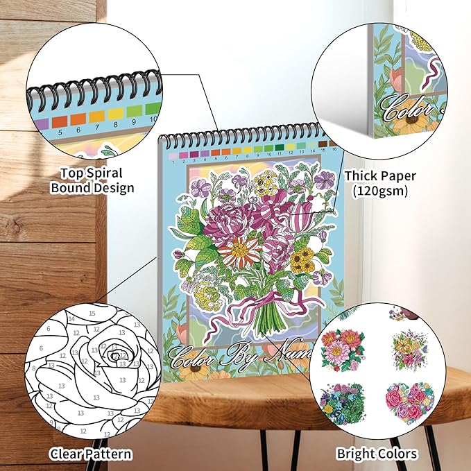 Jadeso Color by Number Adult Coloring Book, 30 Pages of Beautiful Flowers Patterns, Spiral Bound Color by Numbers for Adults Relaxation, Stress-Free Coloring by Numbers, Thick Smooth Paper