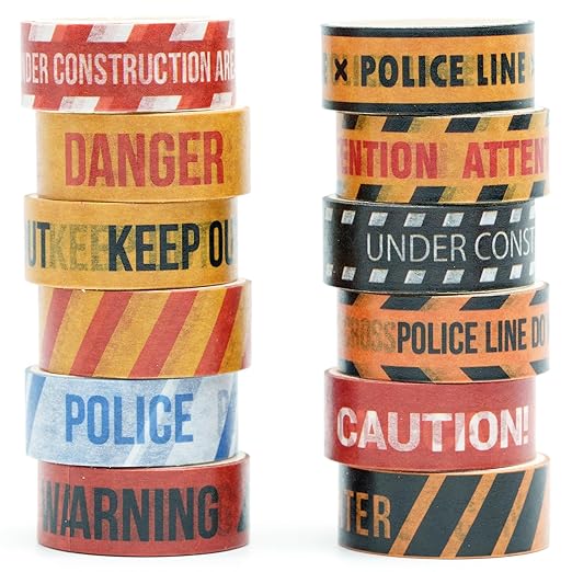 12 Rolls Warning Washi Tape Set Hazard & Caution Pattern Adhesive Tapes Police Line & Industrial Style Decorative Masking Tape for Craft, Scrapbook, DIY, Gift Wrapping (Urban Warning)