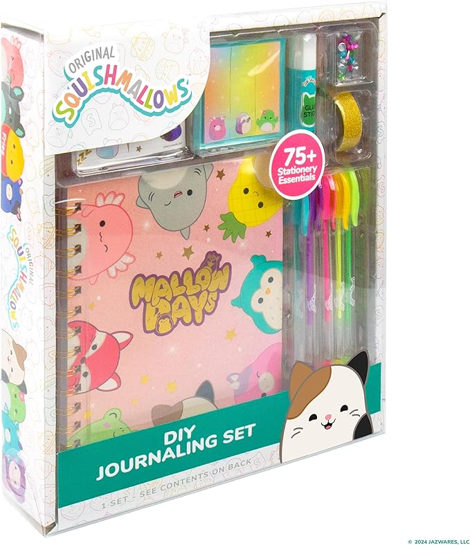 Squishmallows Original DIY Journaling Set, Journaling Kit with Gel Pens, Stickers, Sticky Notes, and Gems, Scrapbook for Kids, Cute Stationary Set, Notebook for Girls, Diary for Girls Ages 8-12
