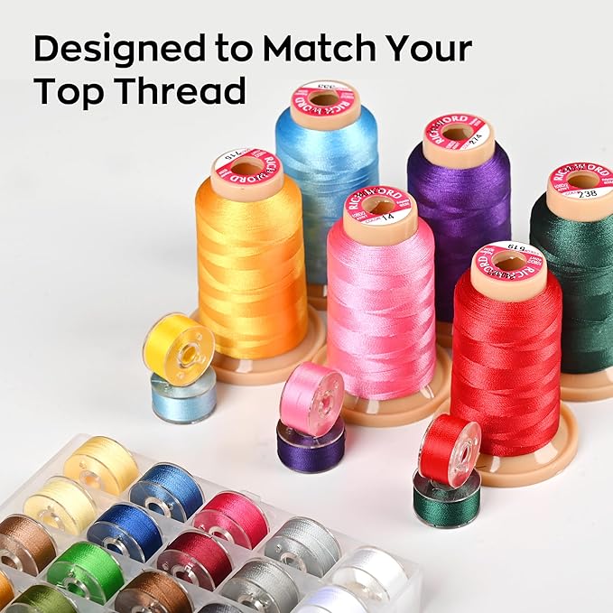 Poolin Prewound Bobbins Richword Selected 25PCS Colors Size A, Plastic Sided, 70D/2(60WT) Polyester Bobbin Thread for Single Needle Embroidery and Sewing Machine