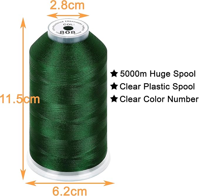 New brothread - Single Huge Spool 5000M Each Polyester Embroidery Machine Thread 40WT for Commercial and Domestic Machines - Deep Green
