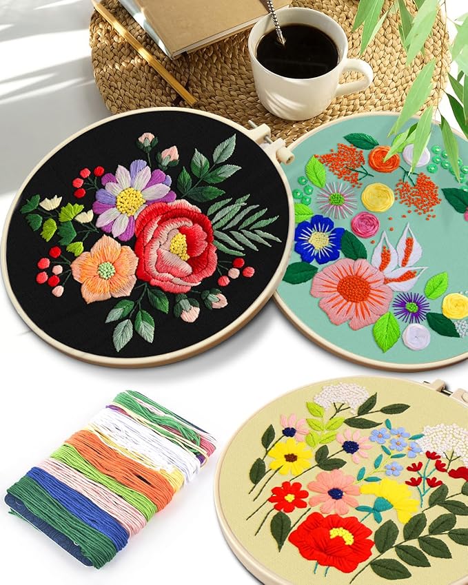 TINDTOP 5 Sets Embroidery Kit for Adults, Floral Embroidery Practice Kit for Beginners Include Embroidery Cloth Hoops Threads for Craft Lover Hand Stitch
