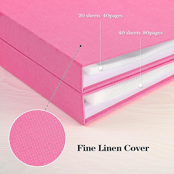 Mublalbum 12x12 Inch DIY Scrapbook Photo Album with 40 Plastic Sleeves 80 Pages Linen Cover 3 Ring Folder Binder for Wedding Baby Family and DIY Projects (Pink)