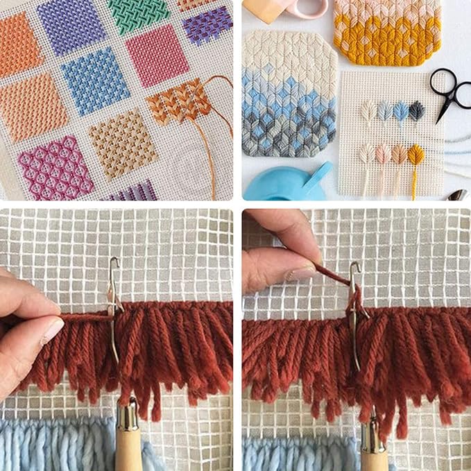 Yushen 39.4 x 59 Inch Blank Rug Hooking Mesh Canvas Kit with Wooden Bent Latch Hook Tool for Latch Hook Rug Tapestry Canvas DIY