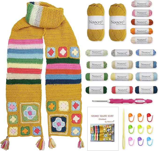 Noocro Granny Square Scarf Crochet Kit – Complete Yarn Kit with Crochet Hook, Markers, and Other Accessories, Detailed Instruction & Video Tutorial – for Intermediate or Ambitious Beginners