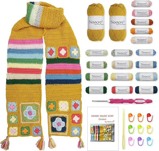 Noocro Granny Square Scarf Crochet Kit – Complete Yarn Kit with Crochet Hook, Markers, and Other Accessories, Detailed Instruction & Video Tutorial – for Intermediate or Ambitious Beginners