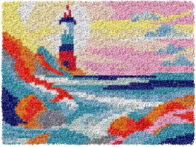 GLAECYY Latch Hook Kits Rug Crochet Yarn Kit Cushion Colour Pre-Printed Canvas Rug Needlework DIY Hook and Latch Kit (Seaside Lighthouse)