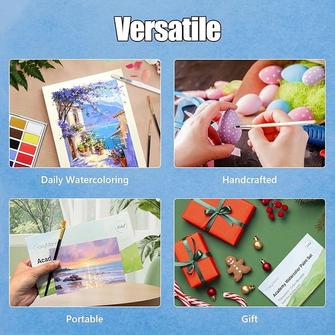 16 Colors Large Block Watercolor Paint Set for Watercolors Workbook, Portable Water Colors Paint Kit with 2 Paintbrushes 1 Waterbrush, for Adult Painting Beginners & Professional Amateur Hobbyists (Classic 16 Colors)