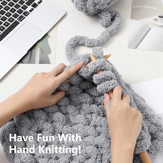 Chunky Yarn for Hand Knitting - #10 Chunky Chenille Yarn, Jumbo Big Thick Chunky Yarns for Crocheting, Super Bulky Chunky Knit Blanket Yarns, 8 Skein (25 yds 8 oz Each Skein), Light Grey