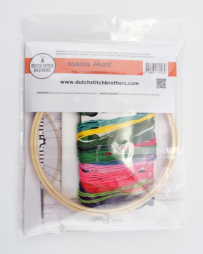 DUTCH STITCH BROTHERS Heart Embroidery Starter Kit with Pattern and Instructions. Stamped Embroidery Kits with Embroidery Clothes with Pattern. 6" Embroidery Hoop