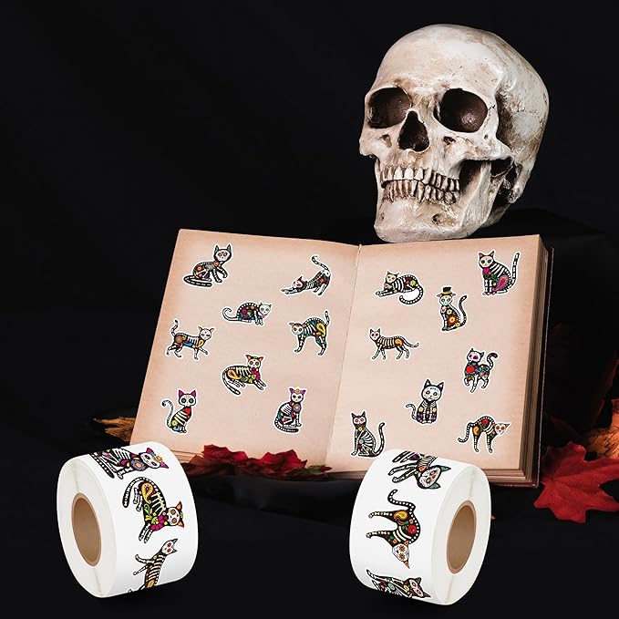 beyumi skeleton cat roll stickers - 1000pcs day of the dead skeleton cat stickers in 2 rolls dia de los muertos decals for kids halloween mexican festival party supplies bottle goodie bags box decor