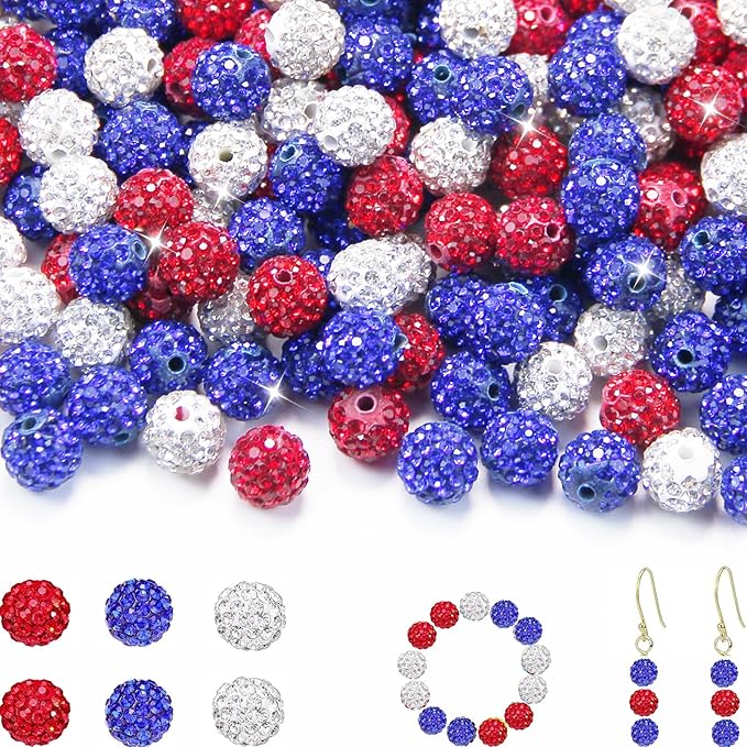 100 Pcs 10mm Rhinestone Beads for Jewelry Making, Blue Red White Shiny Round Shamballa Disco Baseball Necklace Beads Sparkle Crystal Clay Pave Rhinestones Bead for DIY Bracelet Earring Keychain Making