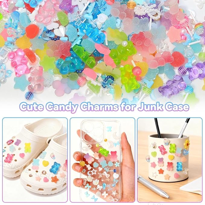 400 Pcs Candy Pearls Junk Phone Case Kit, Flower Bow Star Moon Pearls Case Phone Charms, Flatback Resin Rhinestones Cute Gummy Bear for Junk Cases Decor Accessories