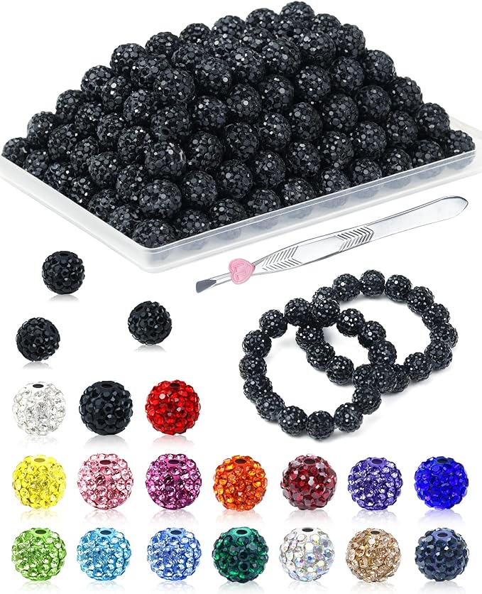 120PCS FIVEIZERO Rhinestone Beads for Jewelry Making, 10mm Black Shiny Round Sparkle Crystal Clay Bead Bulk Sparkly Baseball Necklace Beads for Bracelets and DIY Crafts