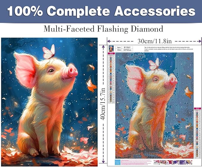 ijbnhd Pig Diamond Art Kits for Adults- Pig Diamond Painting Kits for Beginners, 5D Full Drill Pictures Gem Art Painting Kits for Home Wall Decoration Gift 12X16in