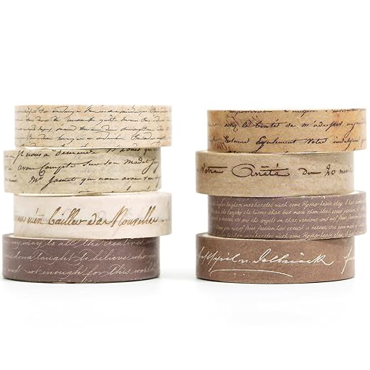 YUBX Vintage Washi Tape Set 8 Rolls Thin Retro Decorative Antique Patterns Masking Tapes for Arts, DIY Crafts, Journals, Planners, Scrapbook, Wrapping (Handwritten Text)
