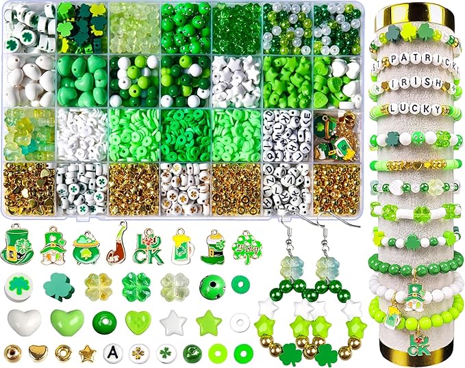 2200Pcs St. Patrick's Day Bracelets Beading Kit, Green Series Beads with Clover Charms, Shamrock Pendants, White & Green Round Beads for DIY Jewelry Making, Irish Festival Crafts, March 17 Party Decor