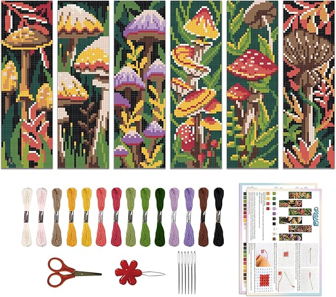 ORIGACH 6 Pcs Cross Stitch Bookmark Kit for Beginner with Backing Felt Floss Instruction Mushroom Plants DIY Stamped Embroidery Bookmark Kit for Starter Adults Book Lovers