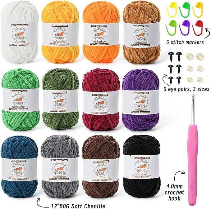 12 Pack Fluffy Velvet Yarn for Crocheting, Chunky Chenille Baby Yarn for Crocheting Soft Blanket, 787 yds Amigurumi Yarns for Knitting, Bulky Multicolored Crochet Yarns Set C