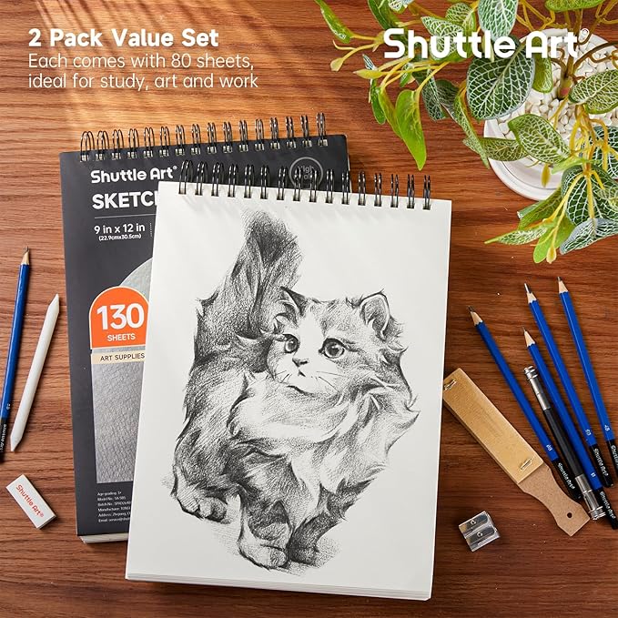 shuttle art 9”x12” sketch pad, 260 sheets (68lb/100gsm) drawing pad, pack of 2, 130 sheets each, spiral bound sketch book, durable acid-free drawing paper, great sketch pad for kids, teens & adults