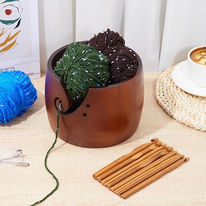 Patelai 6.7 x 6.7 x 4.7 Inch Wooden Yarn Bowl Crocheting Round Knitting Wool Storage Yarn Bowl Handmade with Holes 12 Pieces Crochet Hooks for Knitting DIY Crafts Tools (Dark Brown)