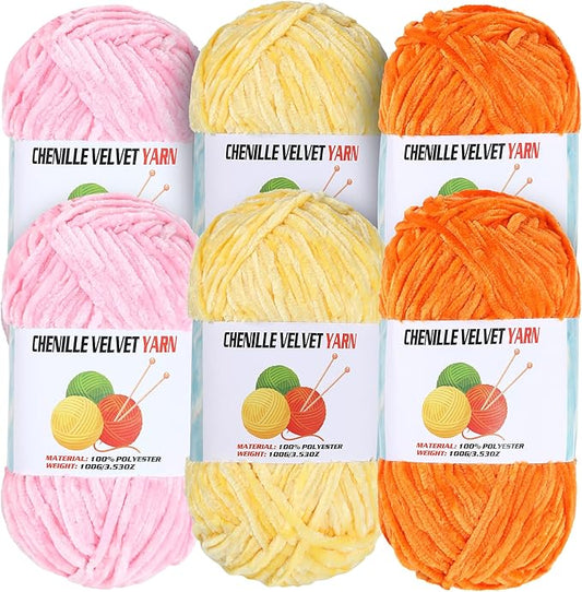 6 * 100g Velvet Chenille Chunky Yarn, Handcrafts Weaving Soft Chenille for Crocheting Clearance, Used for Making Baby Yarn Blanket, Clothes, Knitting Creations (F)