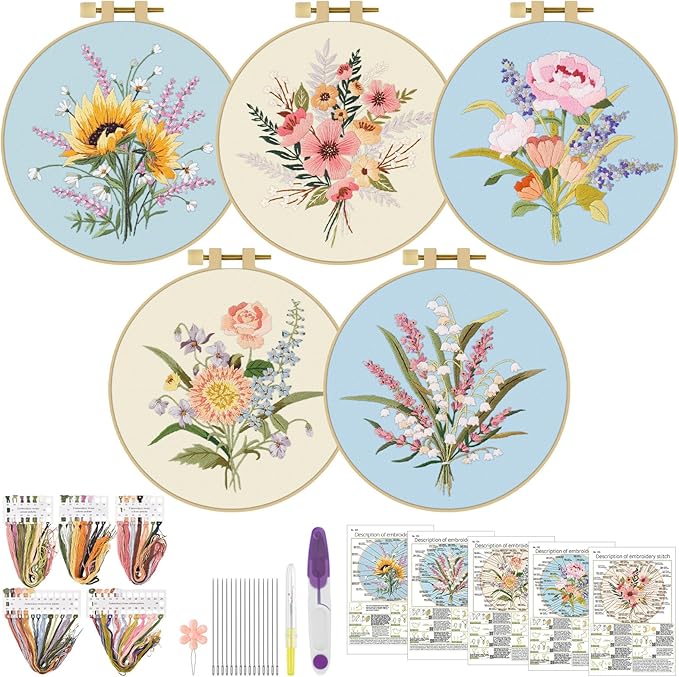 ERKOON Embroidery Kit for Beginners, 5 Sets Flower Cross Stitch Set for Adults Include Embroidery Cloth Hoops Threads for Craft Lover Hand Stitch with Skill Techniques (Bouquet)