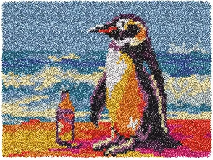 GLAECYY Latch Hook Kits Rug Crochet Yarn Kit Cushion Colour Pre-Printed Canvas Rug Needlework DIY Hook and Latch Kit (Seaside Penguin)