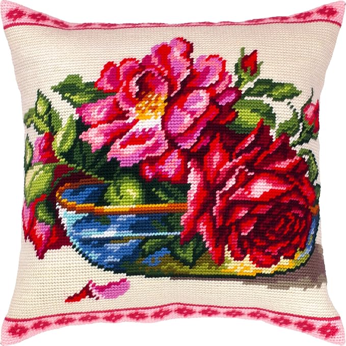 Brvsk Still Life Embroidery Kit for Adults and Beginners — Enchanting Roses 16″ × 16″ with Clear, Precise Printed Design on Cotton Canvas; Includes 2 Needles, Yarn, and Easy-Read Chart