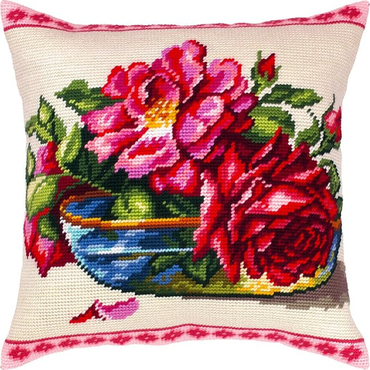 Brvsk Still Life Embroidery Kit for Adults and Beginners — Enchanting Roses 16″ × 16″ with Clear, Precise Printed Design on Cotton Canvas; Includes 2 Needles, Yarn, and Easy-Read Chart
