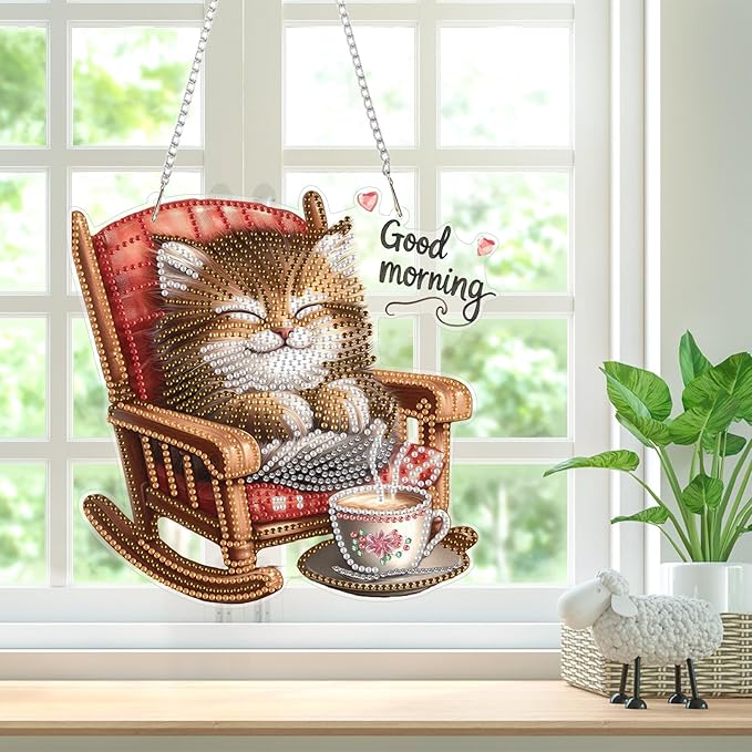 Cat Diamond Art Hanging Kits for Adults, Diamond Art Suncatchers Good Morning Cats, 5D Special Shape Diamond Painting Pendant Window Ornament Gifts for Home Wall Door Garden Decor