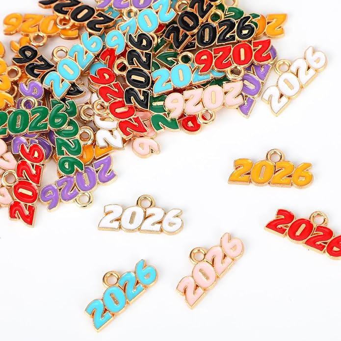 2026 Charms, 8 Colors Zinc Alloy 2026 Year Charms for Crafts New Year Graduation Tassel for Craft DIY Jewelry Making Party Decoration