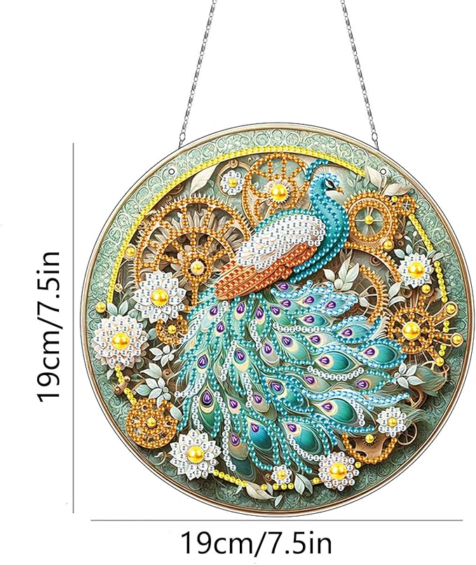 Generic DIY Hanging Diamond Pendant Special Shaped Crystal Diamond Art Painting Ornament Single Sided for Window Home Garden Wall Door Decor-Green Peafowl