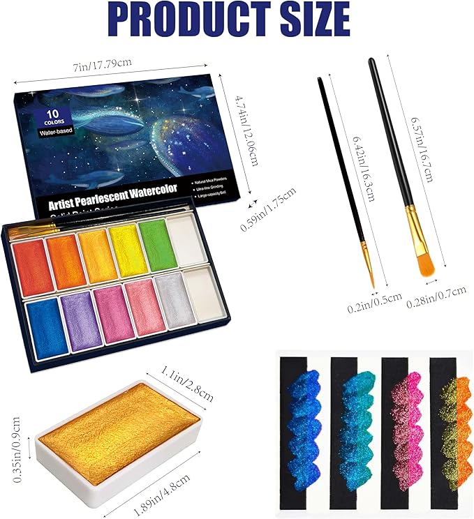 6ML Shimmer Watercolor Paint Set, 10 Colors Glitter Metallic Watercolour Painting Sets, Solid Pearl Water Color Paints for Artists, Amateur Hobbyists and Painting (10 Colours)