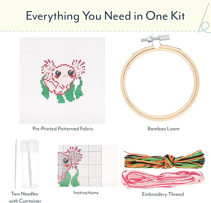 GAMAGO Axolotl Cross Stitch Embroidery Kit – DIY Needlework Craft Set with Hoop, Fabric, Floss & Instructions, Cute Beginner Embroidery Kit for Kids, Teens, & Adults