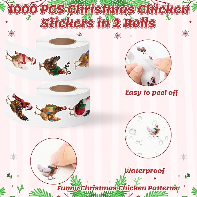 h1vojoxo christmas chicken sticker rolls - 1000pcs christmas chicken stickers in 2 rolls 16 designs funny xmas chickens realistic label tag seal sticker for kids craft envelopes xmas party supplies